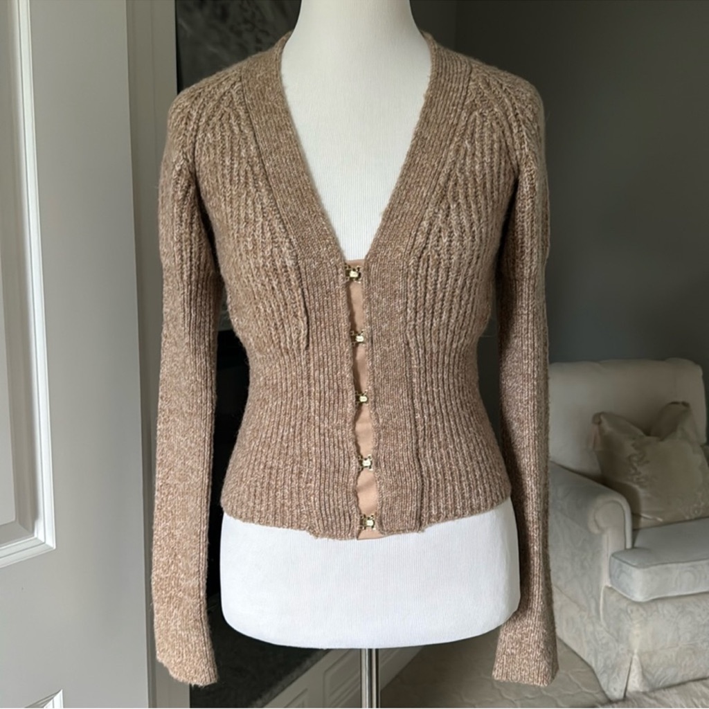 Cult Gaia Tan Cardigan Sweater With Textured Knit